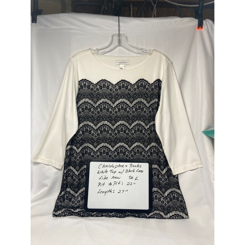 Christopher & Banks White 3/4 Sleeve Top Black‎ Lace Yoke Womens Size Large - Picture 3 of 7